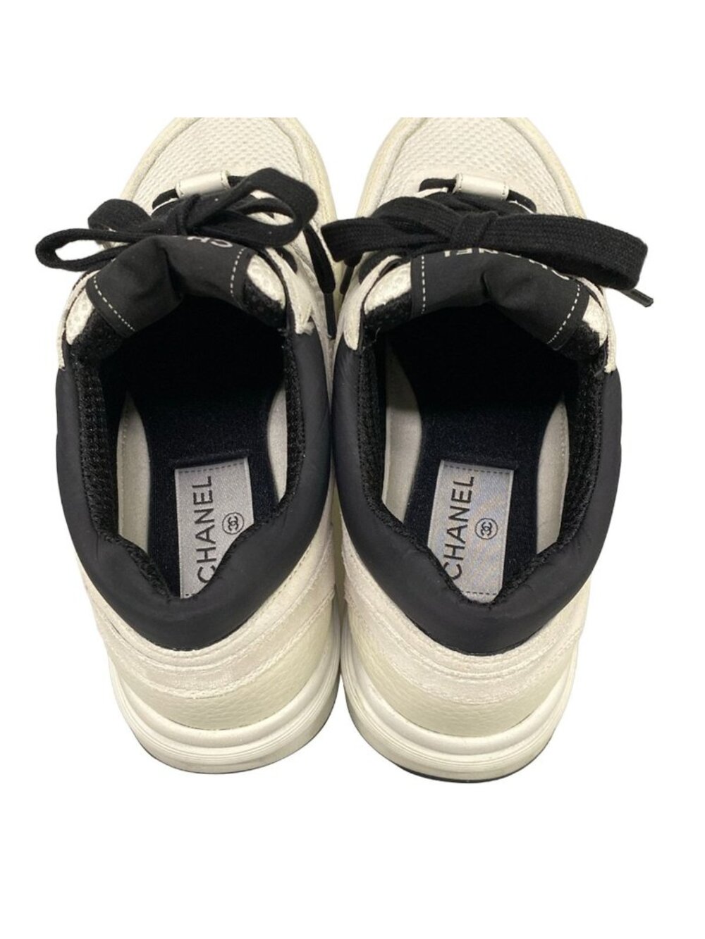 Chanel Sneakers 36.5 White Ivory Black CC Logo Cotton Leather - Picture 7 of 13